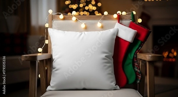 Obraz A blank white pillow sits on a chair decorated with Christmas stockings and lights.