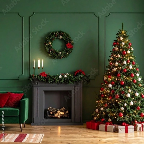 Fototapeta A cozy living room decorated for Christmas. A green wall features a wreath and candles. A Christmas tree adorned with ornaments stands beside a fireplace, surrounded by gifts.