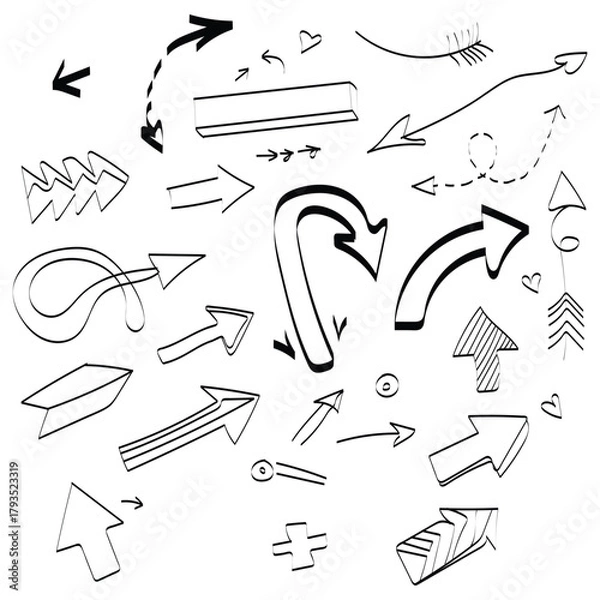 Fototapeta Arrow crayon pastel pencil chalk color line stroke. Sketch chalk pastel color pencil texture line kid fun arrow icon. Hand drawn grunge crayon pencil brush direction elements. Vector illustration 