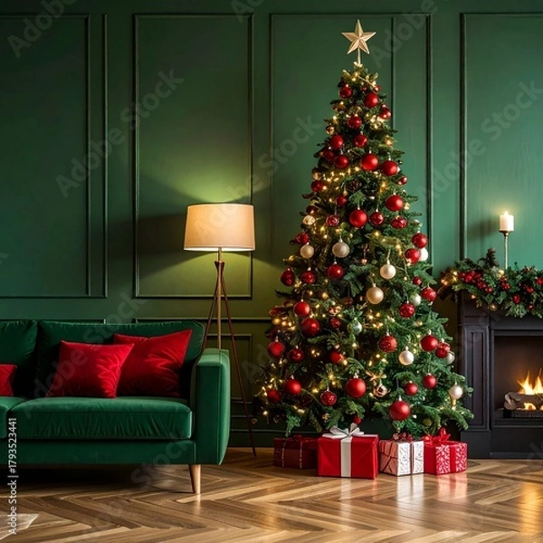 Fototapeta A beautifully decorated Christmas tree stands in a cozy living room. The tree is adorned with red and gold ornaments, surrounded by wrapped gifts. A green sofa and a fireplace complete the scene.