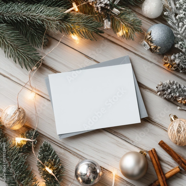 Fototapeta Blank 5x7 Christmas card mockup on light wooden surface with pine branches, warm ornaments and fairy lights