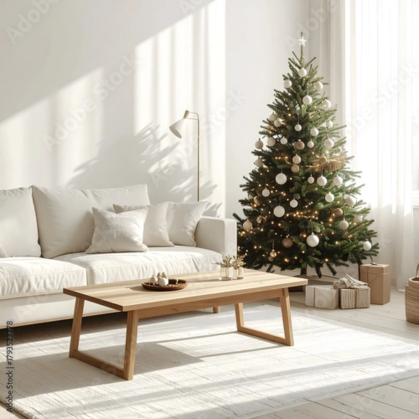 Fototapeta A cozy living room decorated for Christmas. A Scandinavian-style Christmas tree stands beside a modern sofa and wooden coffee table. Gifts are neatly arranged underneath the tree.