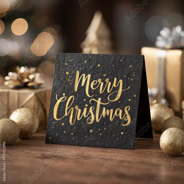 Fototapeta Black and gold tabletop Christmas sign or card mockup with blurred background with a Merry Christmas text