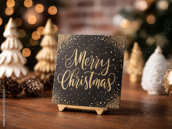 Fototapeta Black and gold tabletop Christmas sign or card mockup with blurred background with a Merry Christmas text