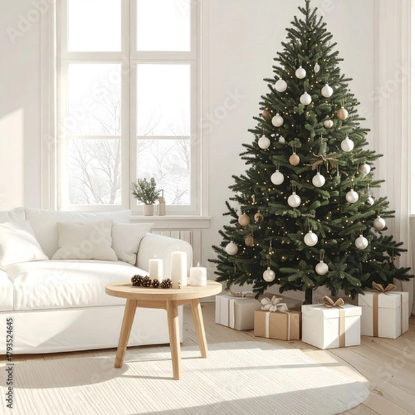Fototapeta A cozy living room decorated for Christmas. A tall green Christmas tree adorned with white ornaments stands next to wrapped gifts. A light-colored sofa and wooden table complete the scene.