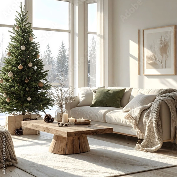 Fototapeta A cozy living room decorated for Christmas. A green Christmas tree stands beside a wooden coffee table. Soft blankets and candles add warmth to the space.