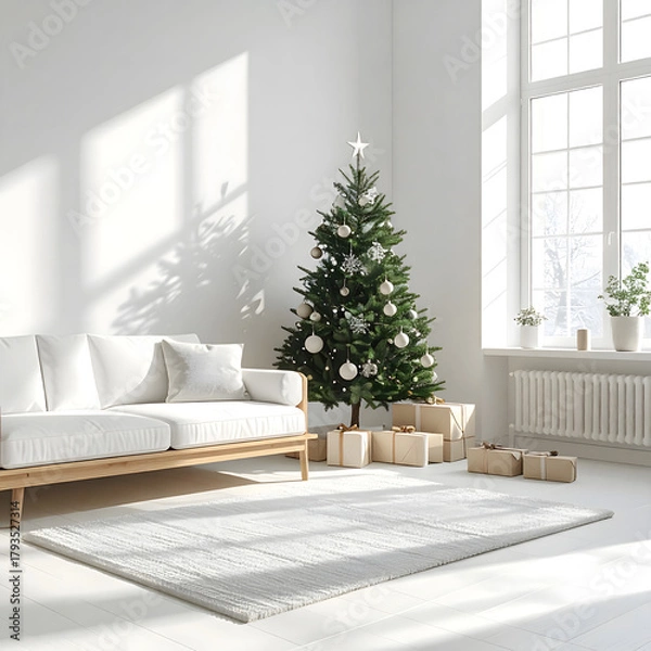 Fototapeta A cozy living room decorated for Christmas. A green Christmas tree with white ornaments stands next to a white sofa. Wrapped gifts are placed under the tree.