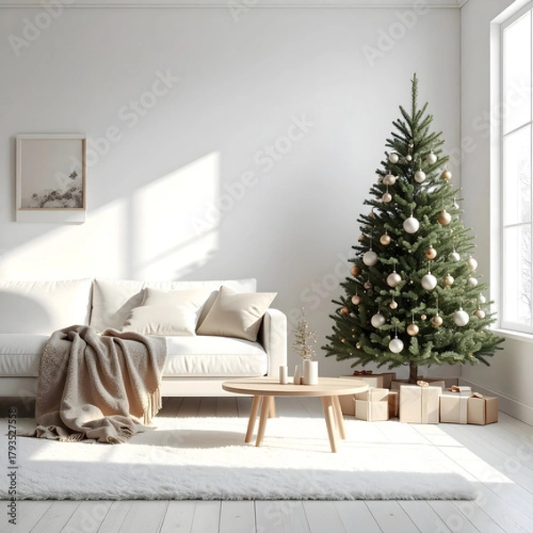 Fototapeta A cozy living room decorated for Christmas. A Scandinavian-style Christmas tree stands beside a sofa with pillows and a blanket. Wrapped gifts are placed under the tree.