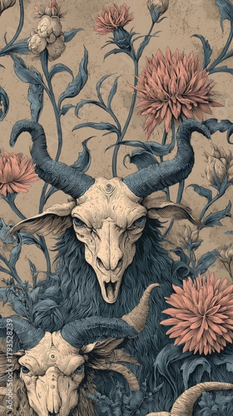 Obraz surreal mythological beings mixed with floral motifs, background 