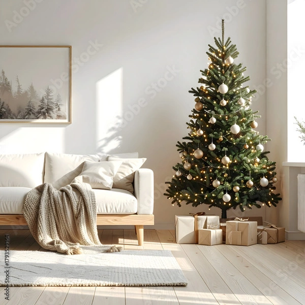 Fototapeta A cozy living room decorated for Christmas. A green Christmas tree adorned with ornaments stands next to a sofa. Wrapped gifts are placed under the tree.