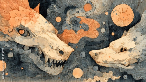 Obraz surreal creatures from folklore with cosmic symbols, background 