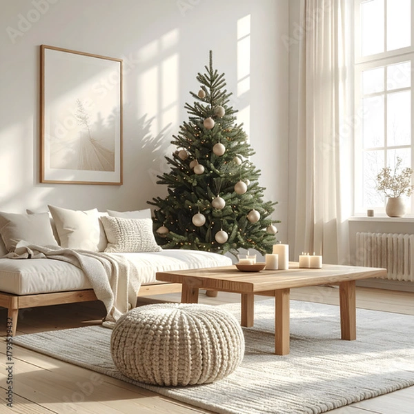 Fototapeta A cozy living room decorated for Christmas. A Scandinavian-style Christmas tree stands next to a wooden coffee table. Soft cushions and a knitted pouf add warmth.