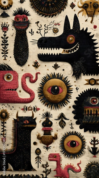 Obraz mythical creatures with folk ornaments, background 