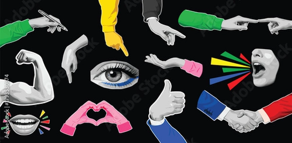 Fototapeta Dynamic set of human expression icons including various hand signs, a speaking mouth, and an eye, representing communication and social interaction