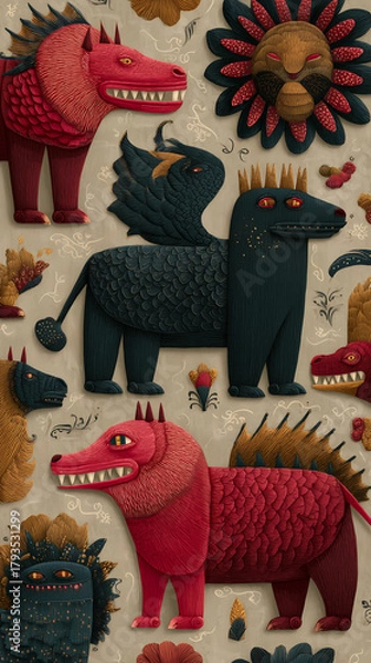 Obraz mythical creatures with folk ornaments, background 