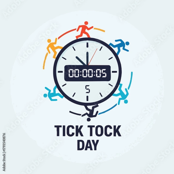 Fototapeta Tick Tock Day Celebration with Clock and Running Figures.