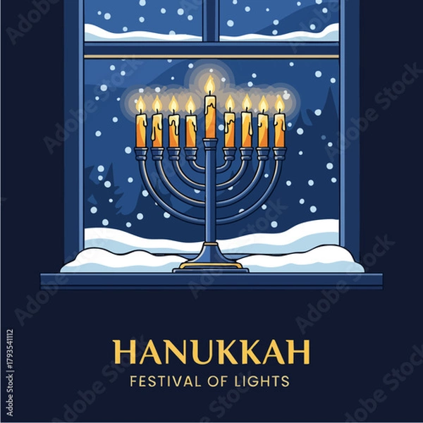 Fototapeta Hanukkah Menorah with Lit Candles in Window on Snowy Night.