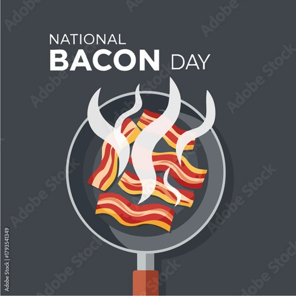 Fototapeta National Bacon Day illustration featuring sizzling bacon strips in a pan.