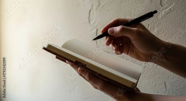 Obraz Notebook with notes and pencil on old brick background, realistic composition