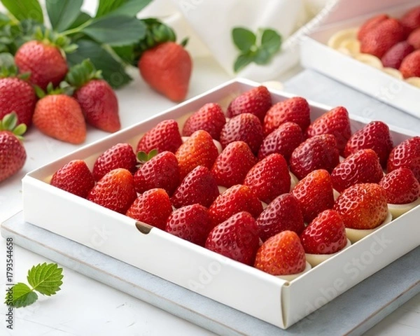 Fototapeta Fresh Ripe Strawberries Neatly Arranged in a White Box