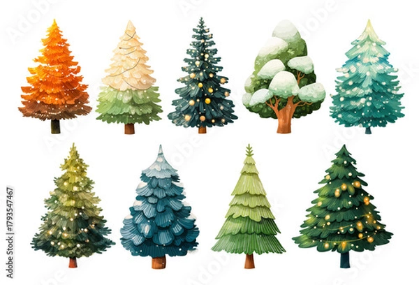 Obraz Set of Christmas trees decorated with snow and glowing lights