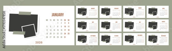 Fototapeta 2026 year english calendar set of template monthly horizontal pages. Photo frame collage design planner week starts on Monday. 