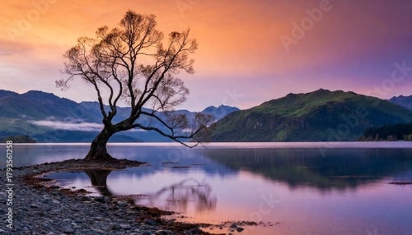 Obraz Tree in Lake with Mountain Background