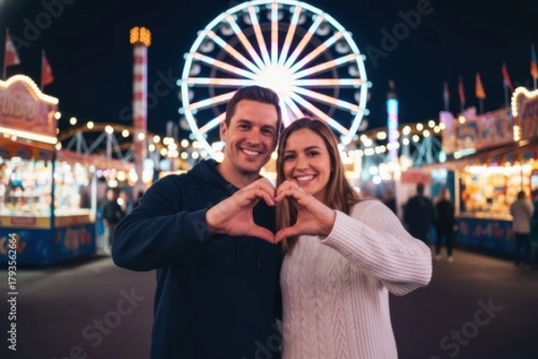 Obraz happy couple making the shape of heart with the hands