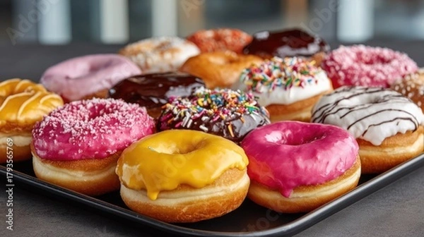 Fototapeta Close-up shot of a tray overflowing with colorful frosted and decorated donuts