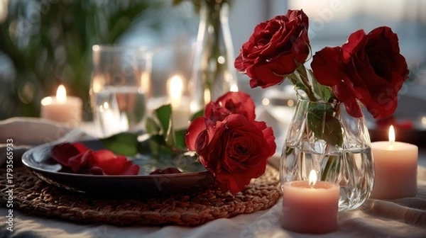 Fototapeta Romantic table setting featuring red roses, candles, and a plate with petals
