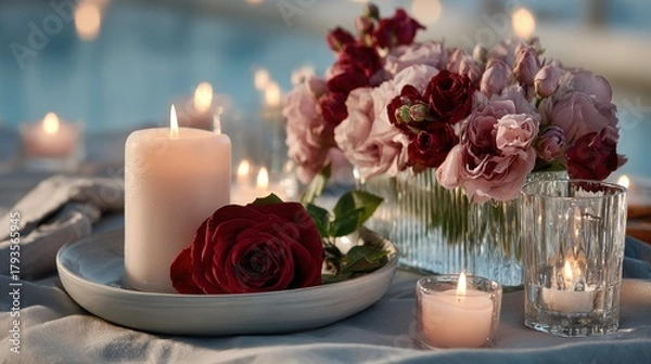 Fototapeta Romantic table setting w/ candles, flowers, & a rose on a light linen tablecloth