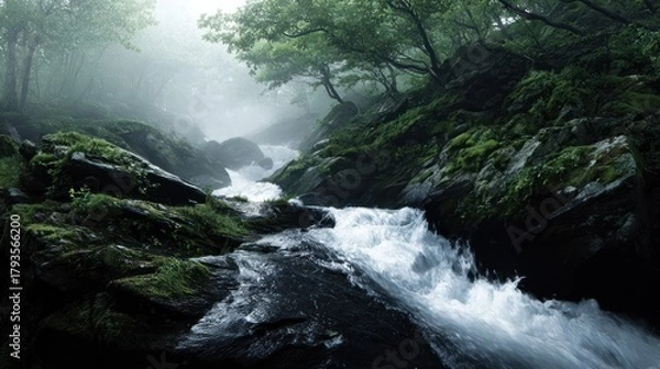 Fototapeta Misty river cascades through mossy rocks, enveloped by lush green forest foliage