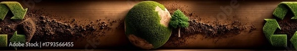 Fototapeta A green, recycling themed globe rests among leaves, symbolizing sustainability and environmental awareness. The image highlights eco consciousness, harmony, and global responsibility.