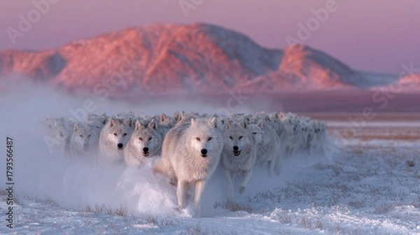 Fototapeta A pack of white wolves runs across a snowy plain towards the viewer at dusk