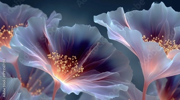 Fototapeta Ethereal flowers with translucent petals and golden centers against a dark backdrop