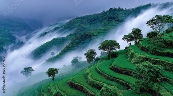 Fototapeta Lush green terraced fields on a misty mountainside with scattered trees