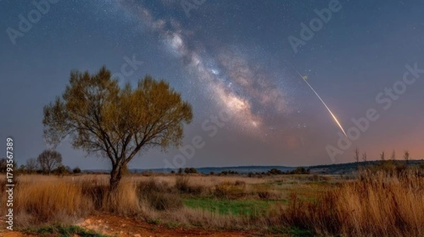 Fototapeta Night sky over field with tree, Milky Way, and falling star streak