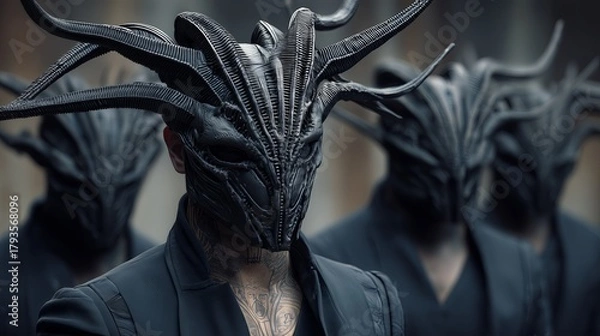 Fototapeta Hooded figures with intricate, alien like headpieces stand in eerie unison, creating a surreal atmosphere. Sci-fi mystery, otherworldliness,  unsettling intrigue. Replicant robotic person, concept.