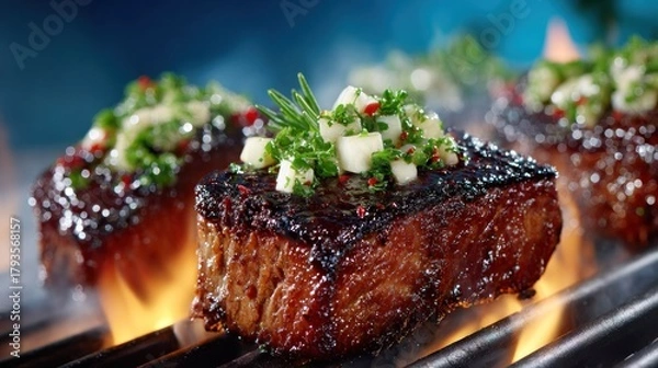 Fototapeta Sizzling grilled steak with herb topping, flames below, close-up shot of delicious meat