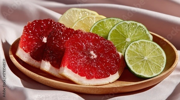 Fototapeta Citrus fruits, sliced and arranged on a wooden platter against a soft, pink background
