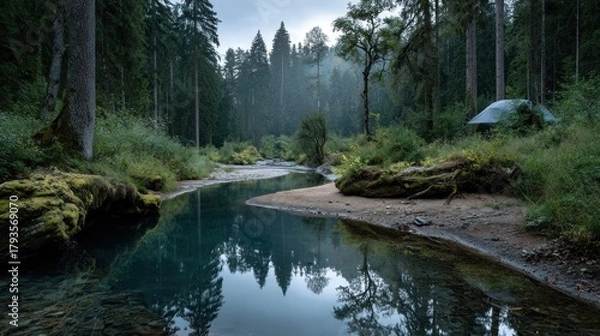 Fototapeta Misty forest scene with a calm, reflective river flowing through lush greenery