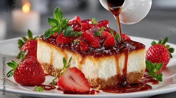 Fototapeta Cheesecake slice with strawberry topping being drizzled with sauce on a plate