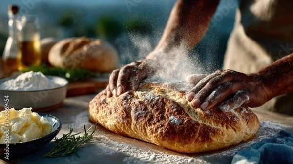 Fototapeta Hands dust a loaf of bread with flour as ingredients sit on a wooden table