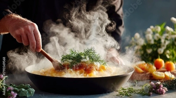 Fototapeta A chef serves a steaming dish with wooden spoon, adorned with dill & citrus