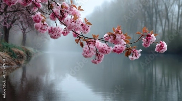Fototapeta Branch of pink blossoms arches over misty water, reflected with muted tones