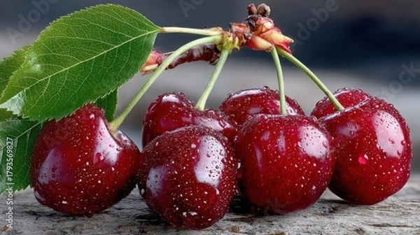 Fototapeta Close-up of ripe, glistening cherries with stems and a single leaf, on rustic wood
