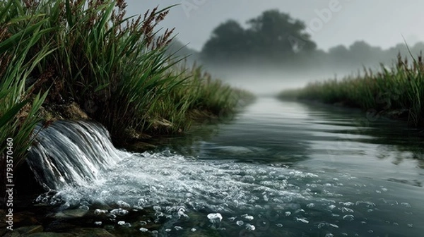 Fototapeta Tranquil stream flows gently with reeds along its banks under a foggy atmosphere