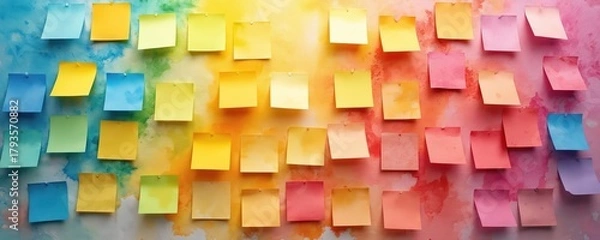 Fototapeta Colorful sticky notes arranged on a vibrant watercolor background. This visual represents ideas, planning, or brainstorming sessions. Plenty of blank space for text overlays.