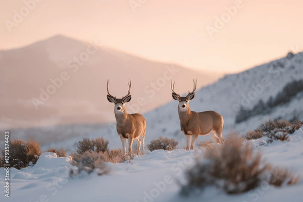 Fototapeta two graceful deer stand in blanket of soft white snow as sun sets in background casting ultrabright glow