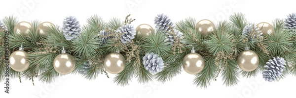 Fototapeta Elegant Christmas garland border, festive holiday decor with pine branches, gold ornaments, white pine cones, glitter, cozy winter celebration background, aesthetic design